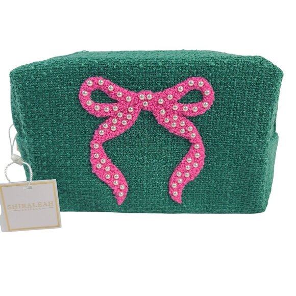 Shiraleah Handbags - NWTShiraleah Mara Bow Small Green Zip Pouch With Pink Beaded Bow Design